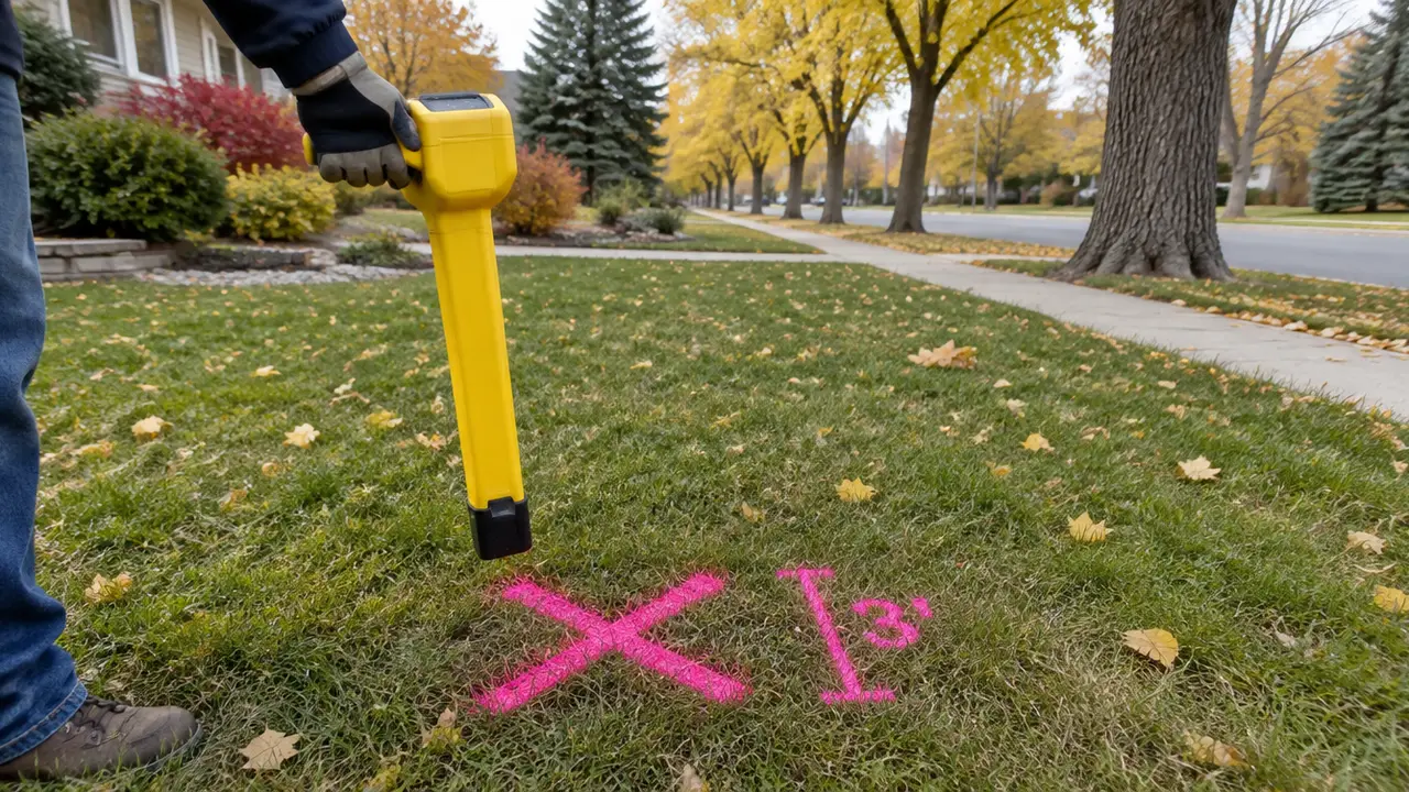 A locator receiver held over a lawn with a pink paint mark